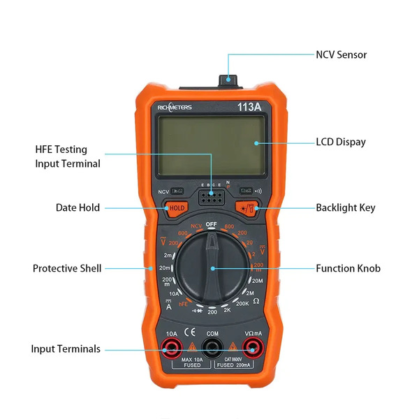 Мультиметр цифровий (тестер) Richmeters RM113A з підсвіткою, магнітом і ліхтариком. фото 5